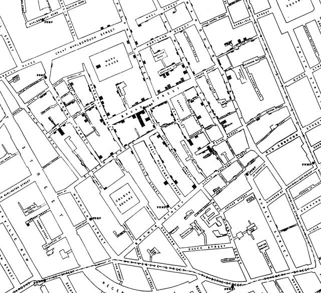 John Snow's cholera map of Soho. Click to enlarge.