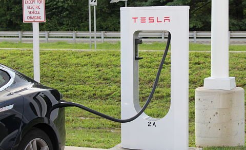 Tesla Model S charging at the Supercharger network station in Delaware.
