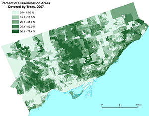 The Greenspace map of the city of Toronto constructed from the Geographical Information System (GIS) polygon data set Forest and Land Cover.