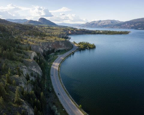 Aerial panoramic view of Okanagan Lake