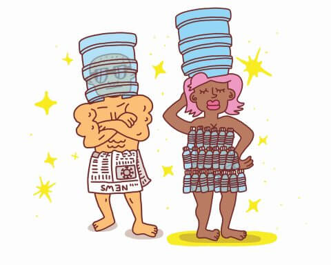 Wins and losses in the world of single-use plastic | An illustration of two people with plastic jugs